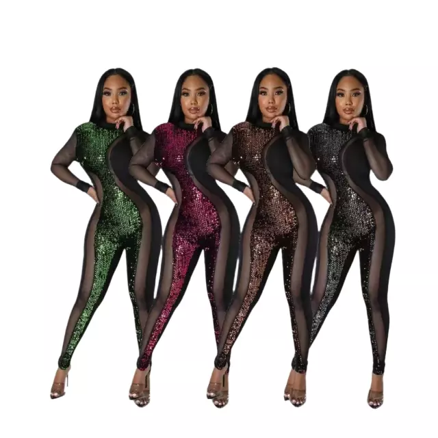 Chicaluv - Women's Glitter Mesh Jumpsuit – Shiny Sequin Bodycon Long Sleeve Club Outfit XV946