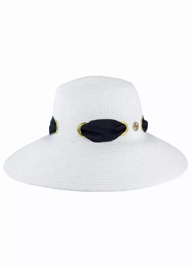 Adrienne Vittadini Straw Grommet Ribbon Floppy Hat — WHITE