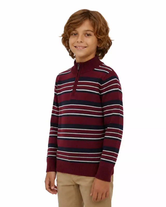 Little Boys' Striped Quarter Zip Sweater W26-4 — 4-5-6-7 / W154 Burgundy