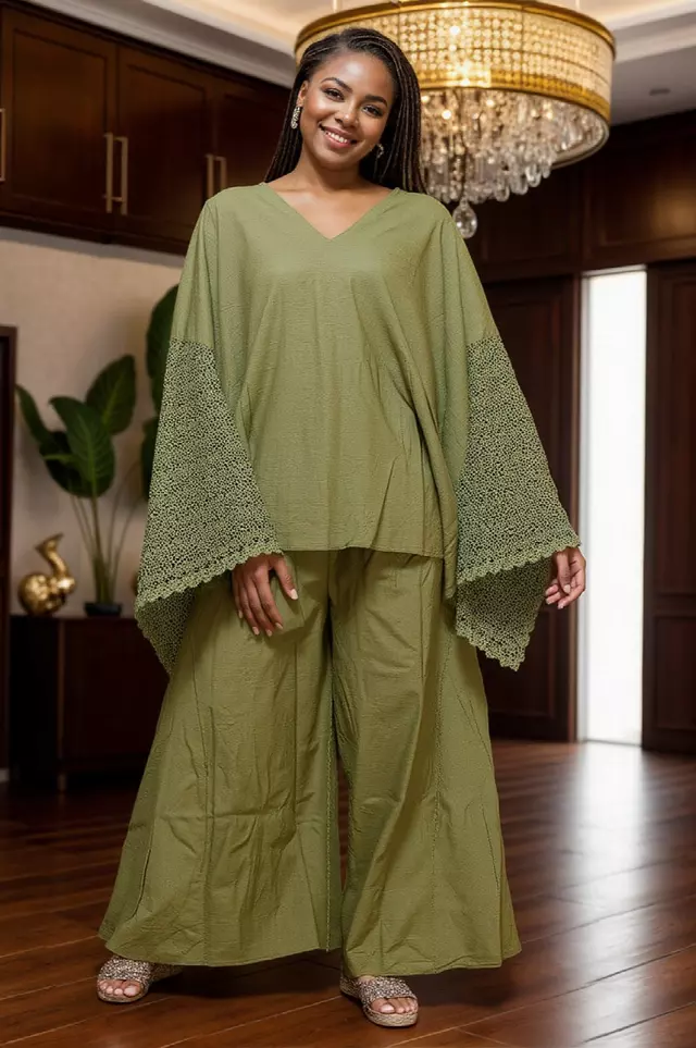 7866 L Authentic African Print Linen & Crocket 2pc Pant Set - $35 Each (3 pcs per pack) — One Size / Olive