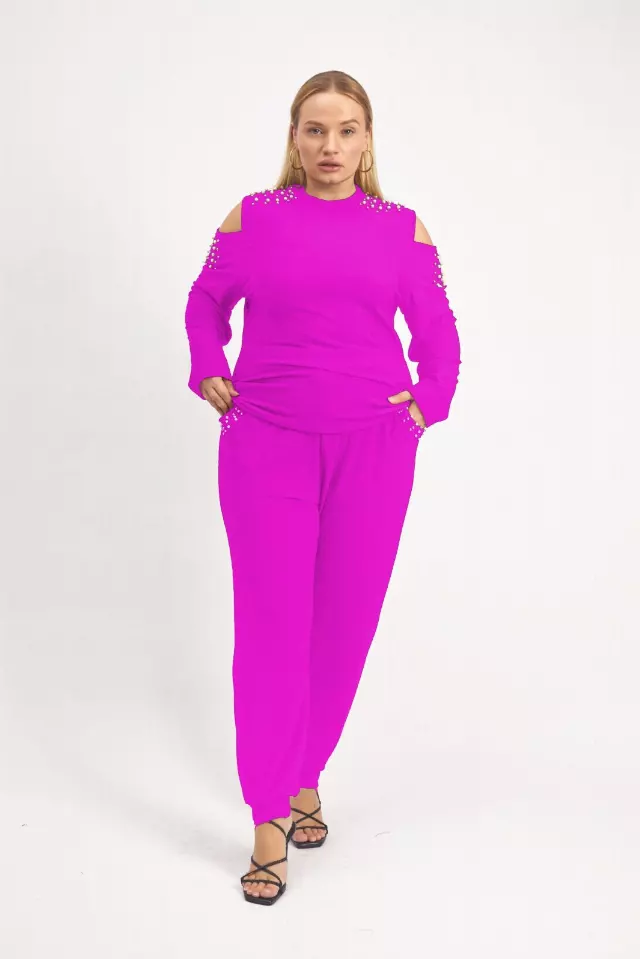 24029 -Cold Shoulder Pearl & Long Sleeves 2-Pcs Set - $25.00 Set (3 pcs per pack) — Reg - M L XL / Pink