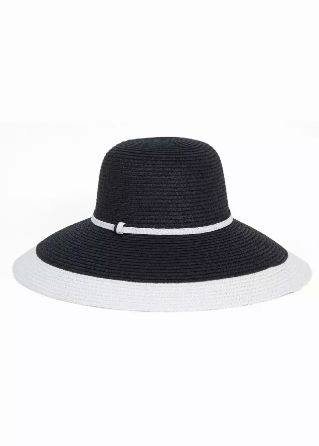 Straw Two-Tone Floppy Hat — Black/White