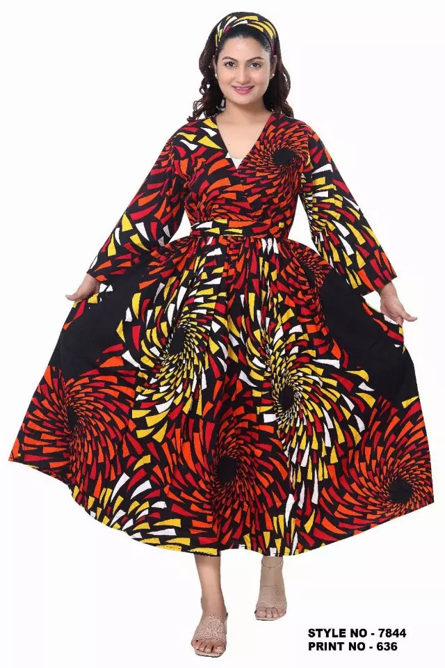 7844 - Women's Authentic African Printed Dress | V-Neck | Long Sleeves - $25.00 Each — Free Size / Print-636