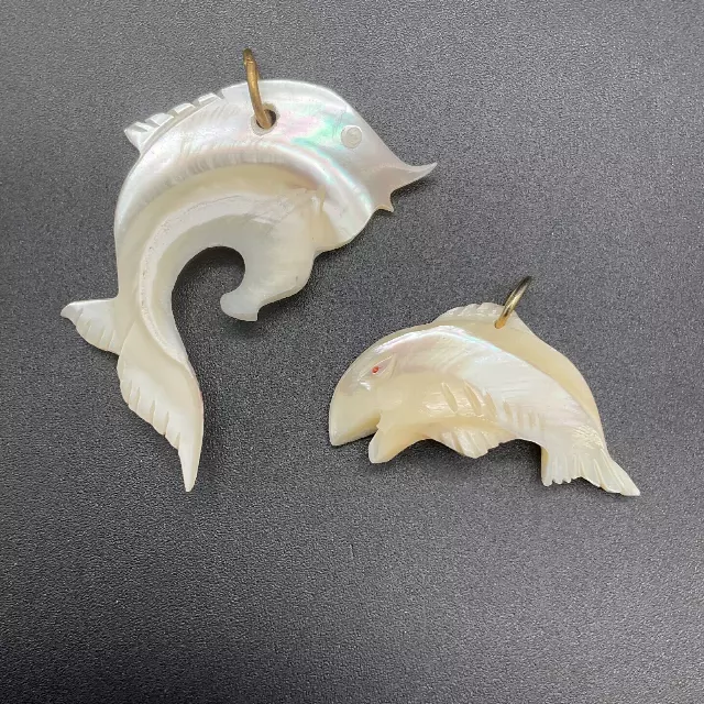 Vintage Carved Mother of Pearl Fish Pendants Lot of 2 Nautical Iridescent 2.5"