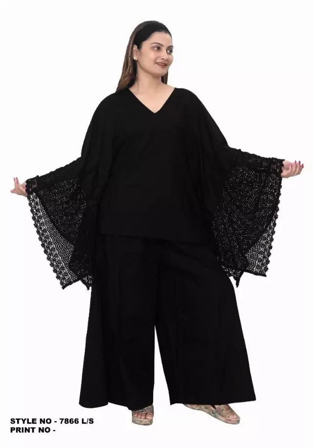 7866 L Authentic African Print Linen & Crocket 2pc Pant Set - $35 Each (3 pcs per pack) — One Size / Black