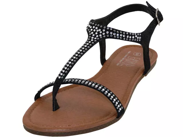 W8303L - Women's "Easy USA" Rhinestone Upper Comfortable Thong Sandals — Black (W8303L-B) / 6-11 Assorted