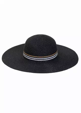 Max Studio Straw Stripe Crown Floppy Sun Hat — BLACK