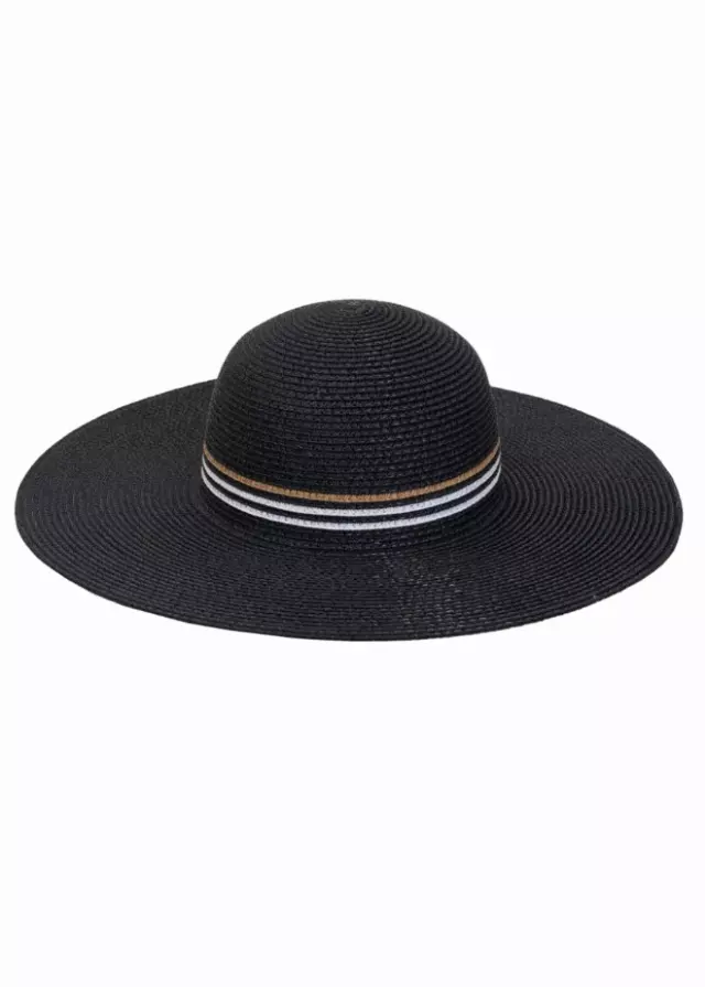 Max Studio Straw Stripe Crown Floppy Sun Hat — BLACK