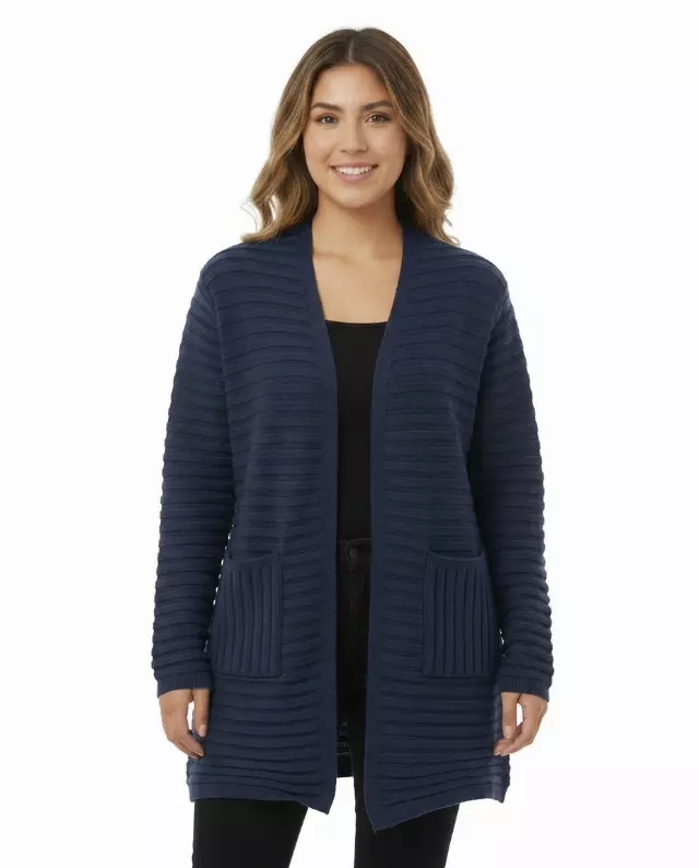 Open Front Cardigan with Horizontal Ribbed Knitting — Navy / S-M-L-XL-2XL