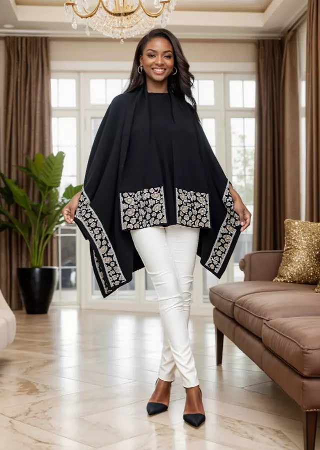 25019 - Women's Embellished Open-Front Soft-Feel Poncho - $49.00 Each — Free Size / Black