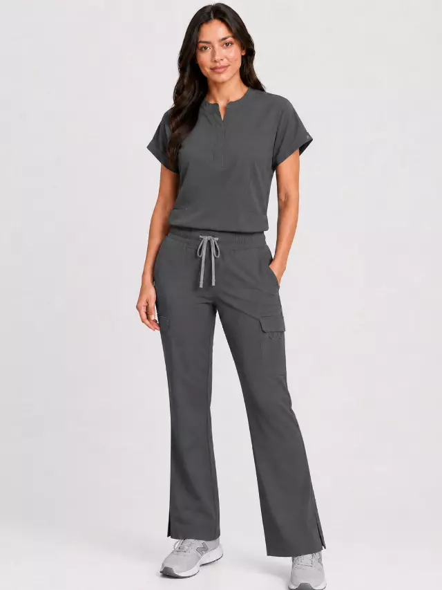 Rhea | Mandarin Collar Top with 10-Pocket Boot Cut Pant Set — Steel Gray / M