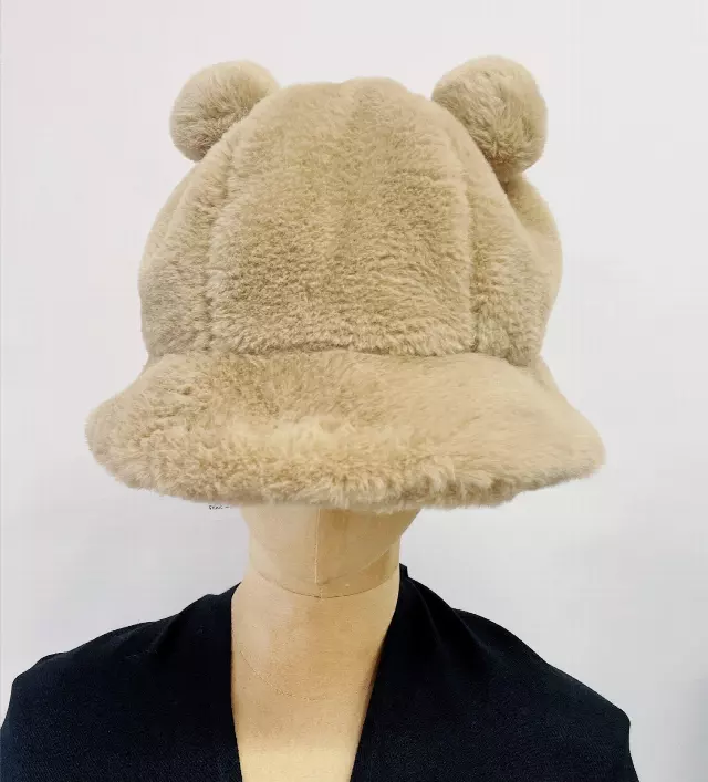 HX613 Pom Pom Fur Bucket Hat — Camel