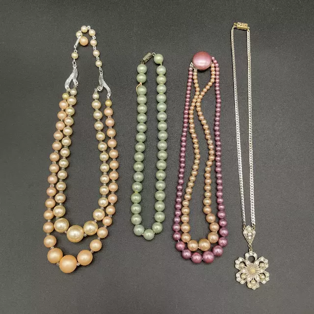 Vintage Faux Pearl Costume Jewelry Lot 4 Necklaces Rhinestone Multi-Strand