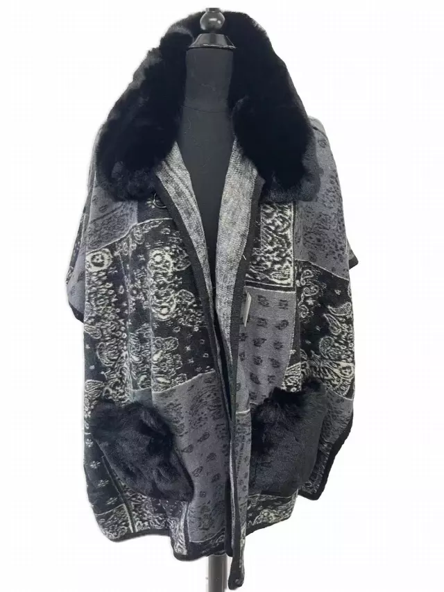 TX517 Faux Fur Cape with Pocket — Black