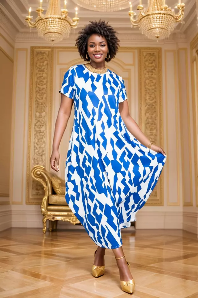 22158 Geo-Print Maxi Dress - One Size (3-PCS PRE-PACK) $15.00 Each — 3-Pcs PRE-PACK / Royal Blue-White