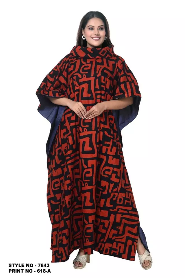 7843 - ON SALE!! African Print Kaftan Dress 100 % Cotton/ Denim Lining (3 PCS PRE-PACK) - $15 EACH — One Size (4-24) / Print-618A