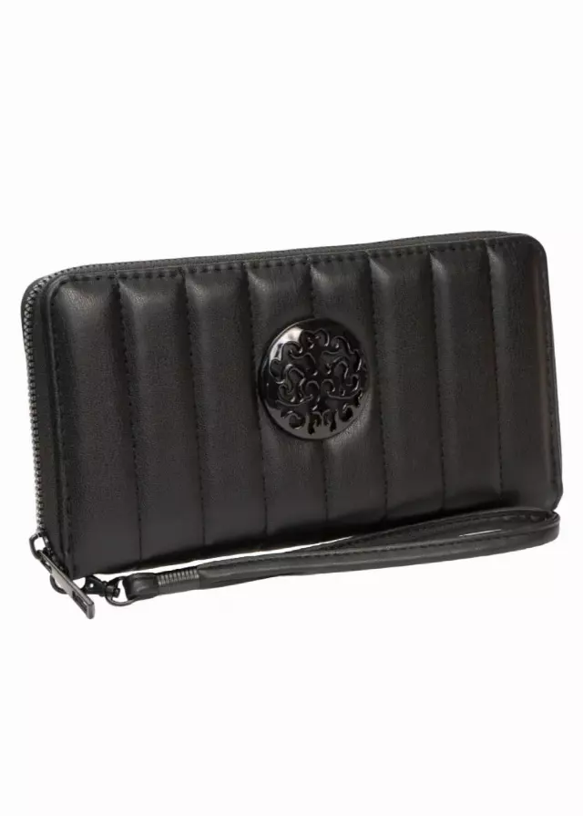 Rebecca & Rifka Smooth Tubular Quilt Medallion Zip Wristlet Wallet — BK/BK