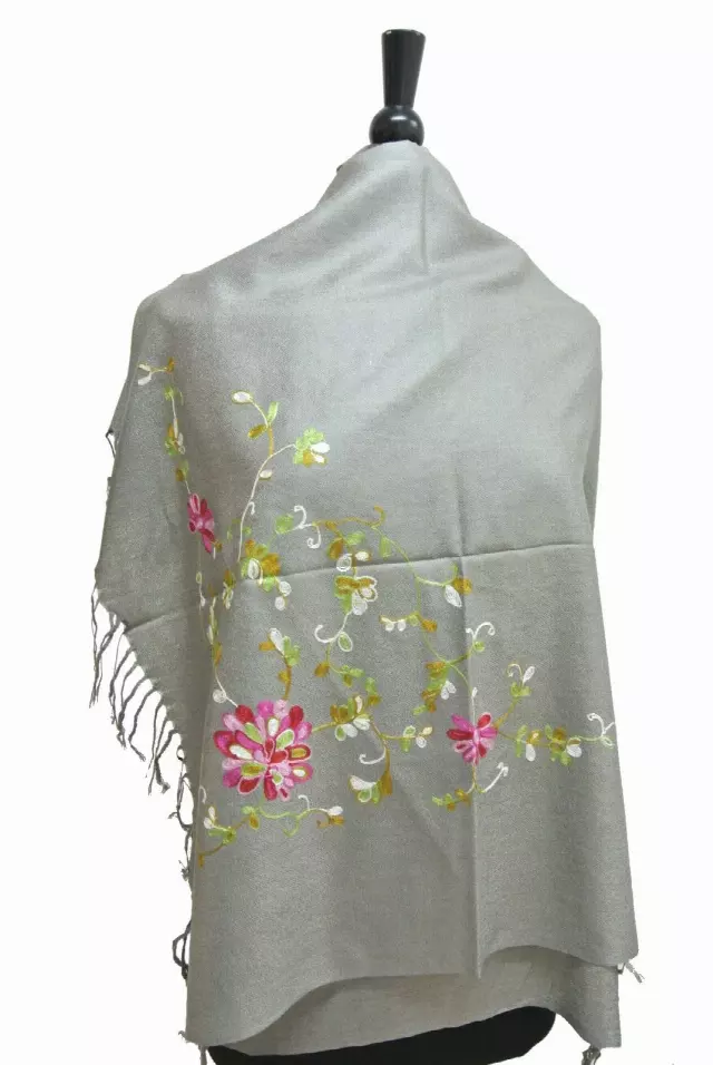 G107 Embroidered Floral Pashmina — Grey