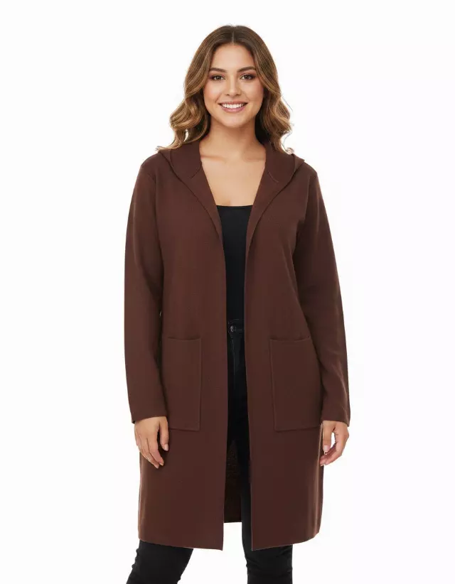 Hooded Cardigan with Front Pockets — Dark Brown / S-M-L-XL-2XL