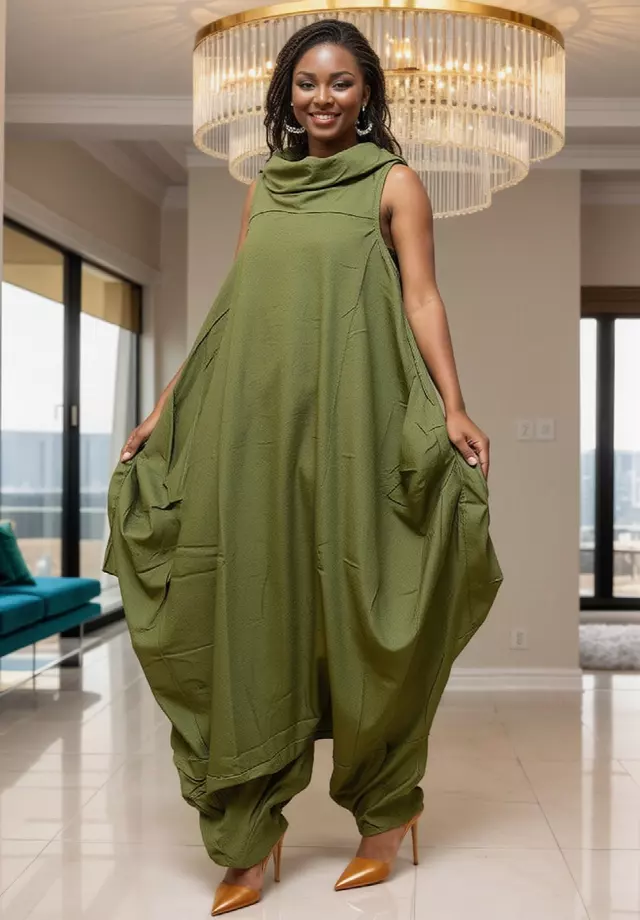 251 L - Linen Cowl Neck African Wax Jumpsuit/Dress (3 PCS PRE-PACK) - $30 Each — One Size (4 - 26) / Print-26000