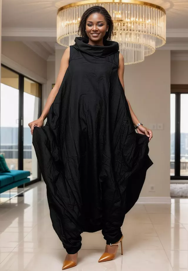 251 L - Linen Cowl Neck African Wax Jumpsuit/Dress (3 PCS PRE-PACK) - $30 Each — One Size (4 - 26) / Black
