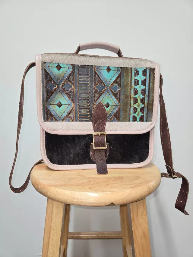 Ref 200 — Tooled satchel with turquoise geometric flap