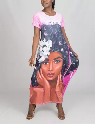 23028- Women's Plus Size Maxi Dress Digital Face-Print Knit Maxi Dress - One Size (3-PCS PRE-PACK) ($20.00 Each)