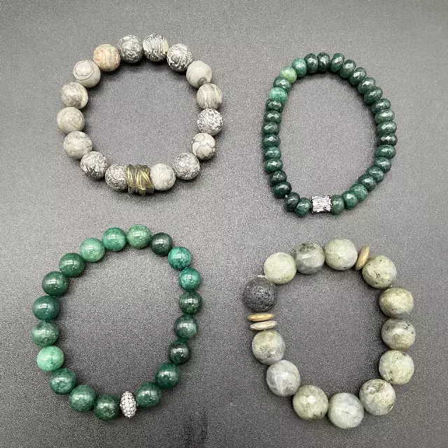 4 Beaded Stone Stretch Bracelets Lot Green Jasper Labradorite Lava Rock Unisex