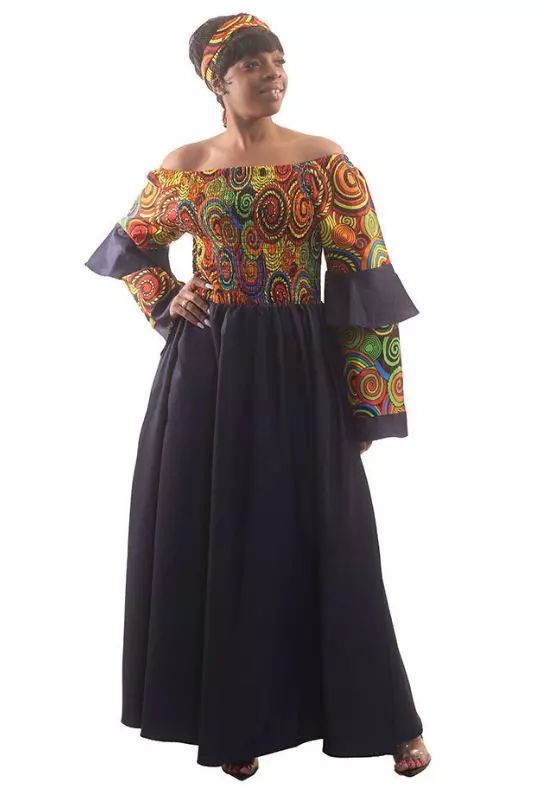 9006 - Off Shoulder Denim/ African Print Maxi Dress W/Ruffled Sleeves (3/pk) - Free Size - $28.00 Each — Free Size / Print-344