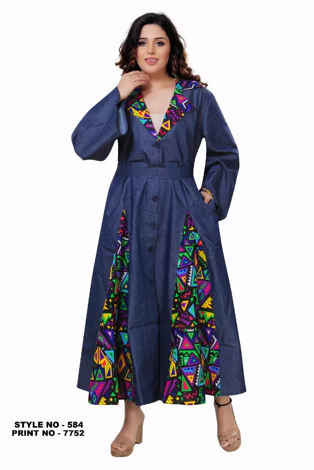 7752- Denim with Print Dress - $20.00 Each — Free Size / Print-584