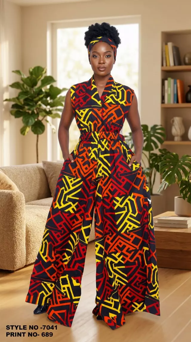 7041 - African Wax Wide Leg Jumpsuit/Dress (3 PCS PRE-PACK) - $30 Each — One Size (4 - 26) / Print-689