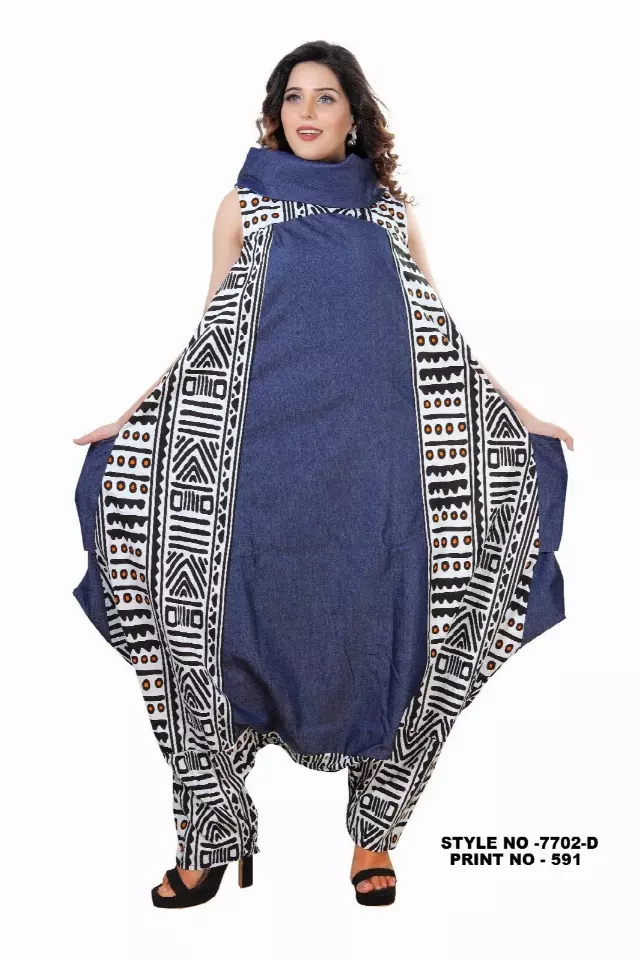 7702 - Mixed Denim and Print Cow Neck Jumpsuit/Dress (3 PCS PRE-PACK) - $35 Each — One Size (4 - 26) / Print-591