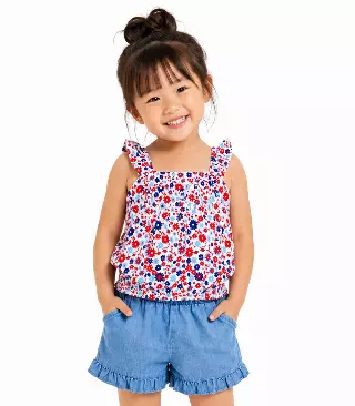 GIRLS PINK Top Ruffle on Straps and Bow with Denim Short Set - 2179602