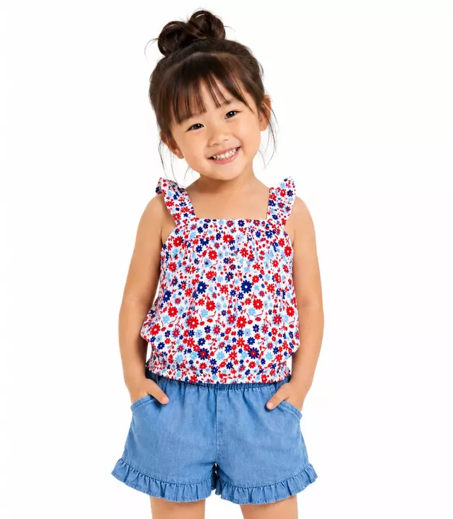 GIRLS PINK Top Ruffle on Straps and Bow with Denim Short Set - 2179602