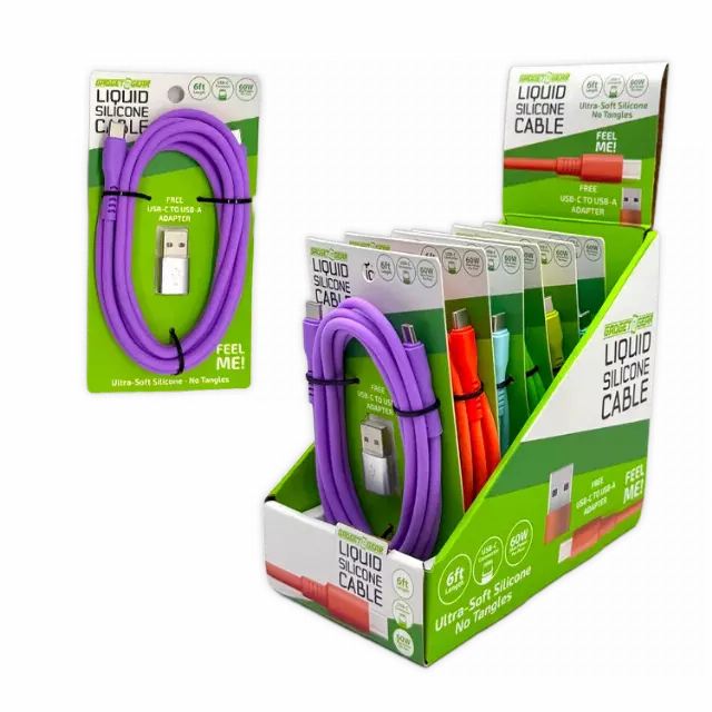 Silicone Charging Cable USB-C to USB-C 6FT with Adapter - 6 Pieces Per Retail Ready Display 26740