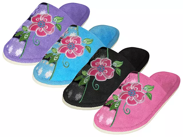 S1505 - Wholesale Women's "Easy USA" Satin Upper Open Toe with Embroidered Floral House Slippers