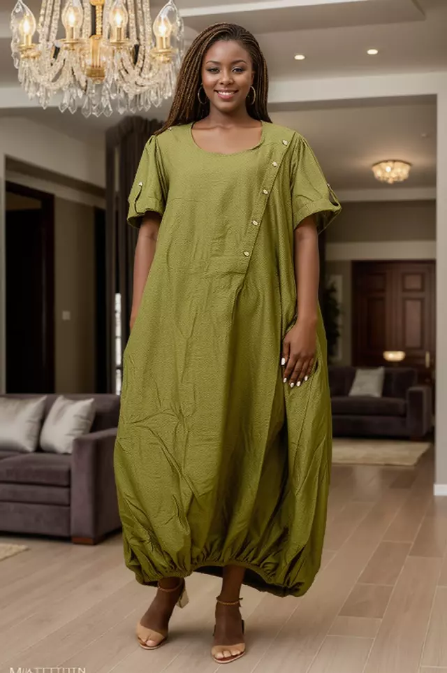7883 L -Ankle Length Baggy Solid Maxi Dress - $25.00 Each (3 pcs per pack) — Free Size / Olive