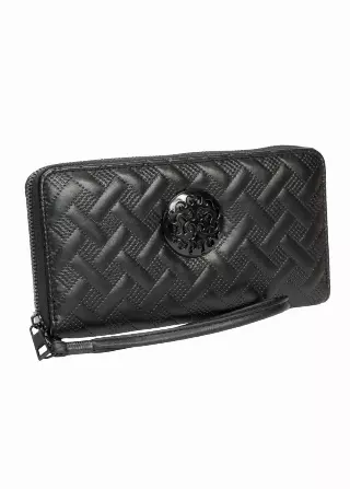 Rebecca & Rifka Smooth Basket Weave Quilt Medallion Zip Wristlet Wallet — BK/BK