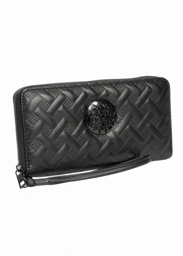 Rebecca & Rifka Smooth Basket Weave Quilt Medallion Zip Wristlet Wallet — BK/BK