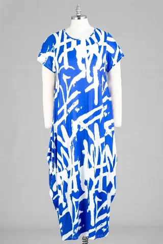 CHH21040 ON SALE!! Print Knit Maxi Dress- One Size (3-PCS PRE-PACK- 4 Colors Available) ($15.00 Each) — 3-Pcs PRE-PACK / ROYAL BLUE/WHITE