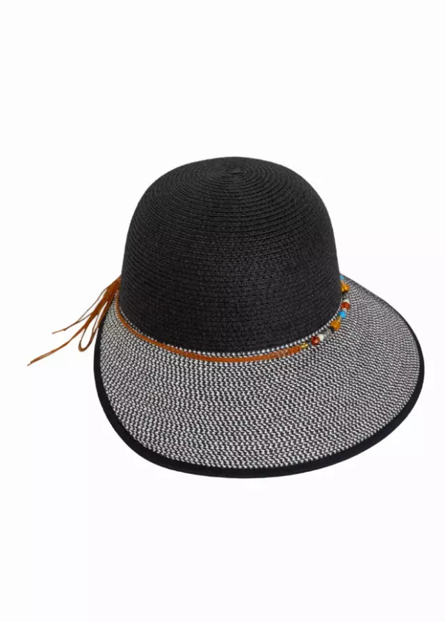 Magid Beaded Crown Two Tone Straw Bucket Hat — BLACK