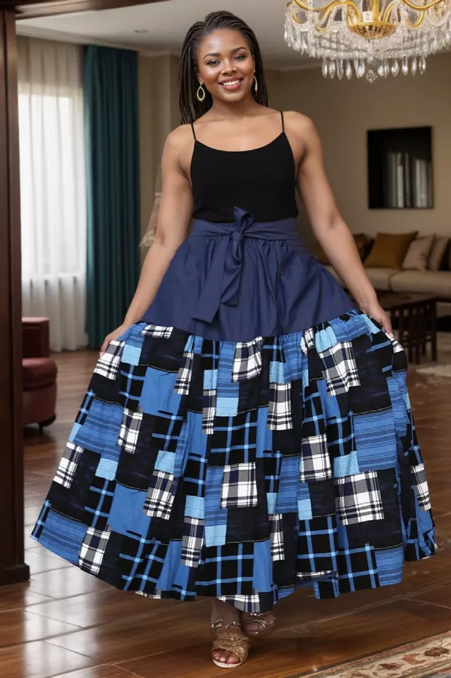 7837 - ON SALE!! DENIM/PRINTED SKIRT - Authentic African Wax (3-PCS PRE-PACK) - $12 Each — One Size / Print-637 / 3-Pcs Per Pack
