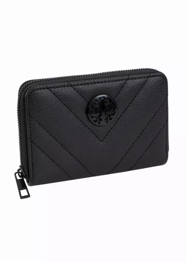 Rebecca & Rifka Quilted Pebble Chevron Medallion Zip Indexer Wallet — BK/BK