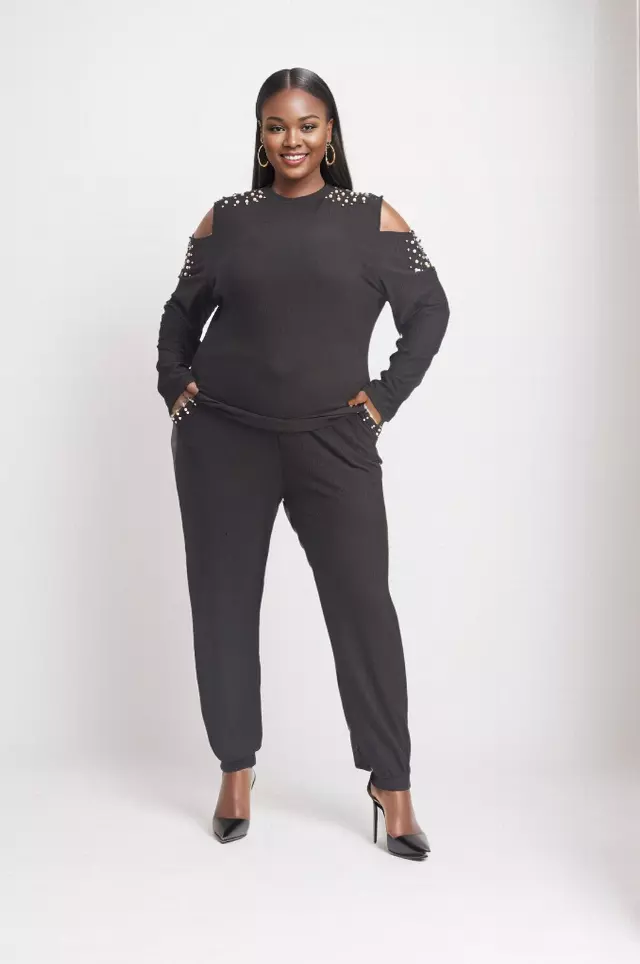 24029 -Cold Shoulder Pearl & Long Sleeves 2-Pcs Set - $25.00 Set (3 pcs per pack) — Reg - M L XL / Black