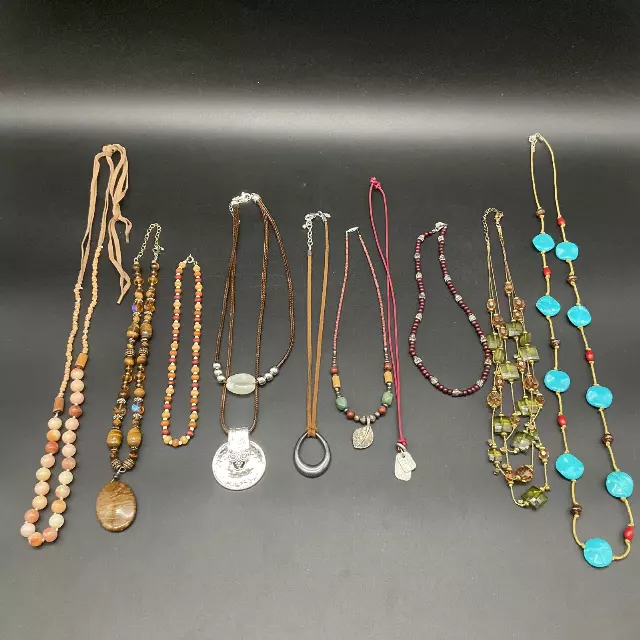 Mixed Costume Jewelry Necklace Lot 10 Pc Boho Beaded Earthy Silver Gold Tone