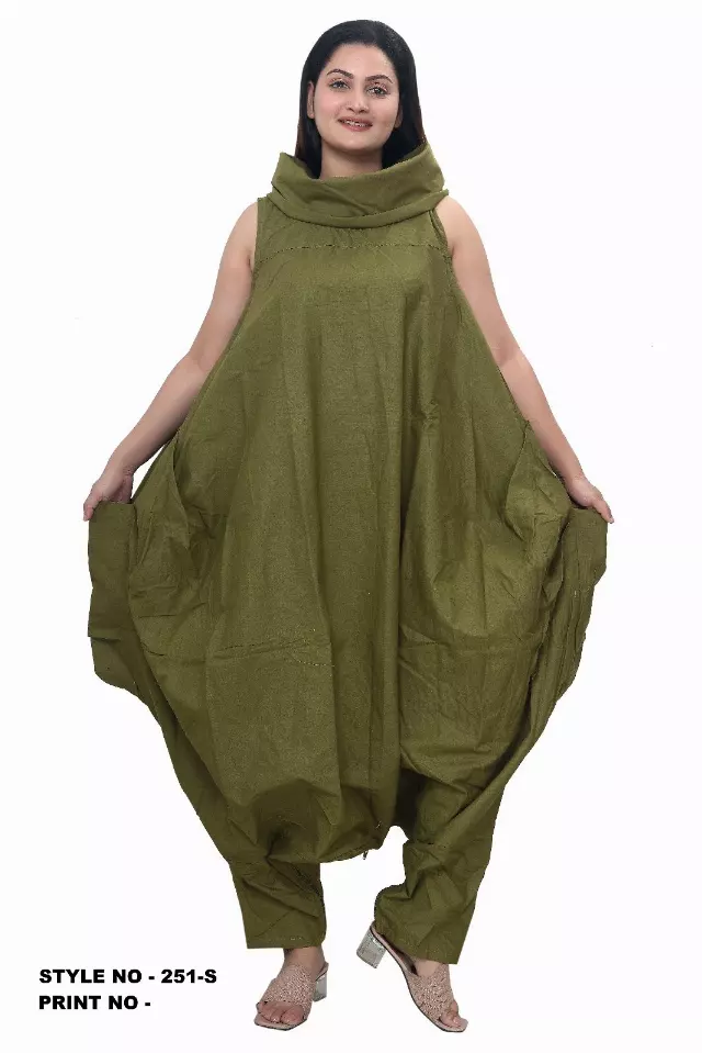 251S- Cow Neck Solid Color Jumpsuit/Dress (3 PCS PRE-PACK) - $35 Each — One Size (4 - 26) / Olive