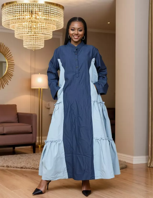 7907- Women's Ankle Length Button Down Pocketed Dress - $25.00 Each (3 pcs per pack) — Free Size / Denim