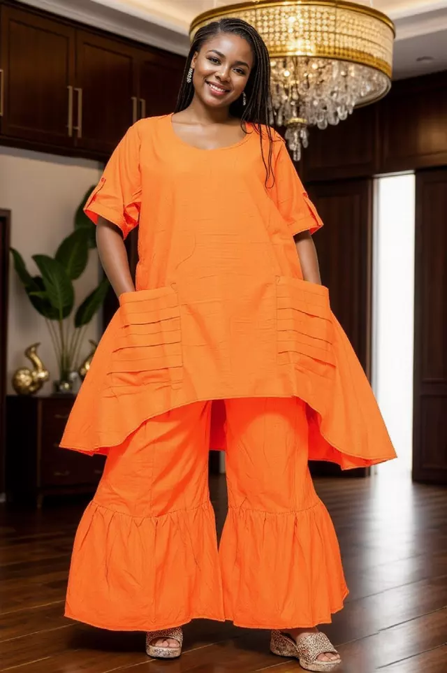 7864 L Linen 2pc Pant Set Authentic African Design - $25 Each (3 pcs per pack) — One Size / Orange