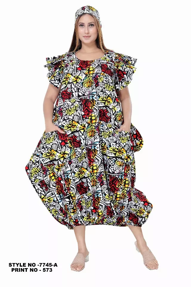 7745- Ankara Dress with Pleated Sleeve - $25.00 Each — Free Size / Print-573
