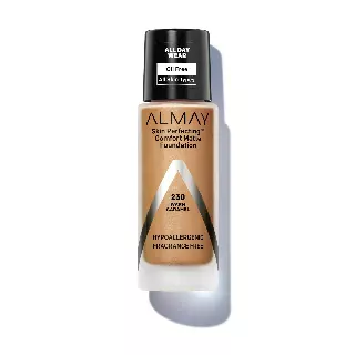 Almay Skin Perfecting Comfort Matte Foundation Liquid Makeup, Hypoallergenic, Cruelty- & Fragrance-Free, Dermatologist-Tested, 230 Warm Caramel, 1 fl oz
